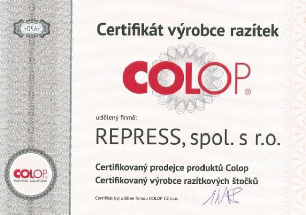 Certifikát kvality COLOP - autorizovaný výrobce razítek || obchodRAZITEK.cz